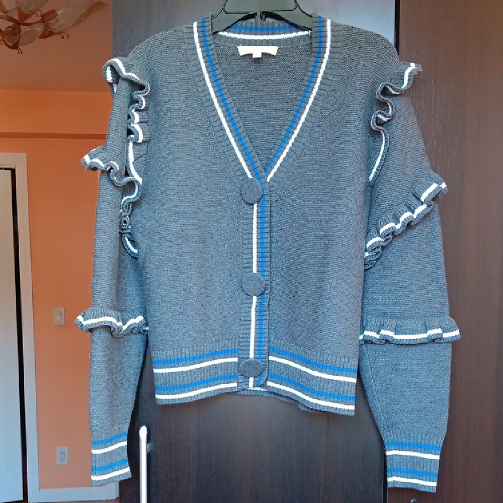 Etcetera Charcoal Gray Cardigan with Blue and White Ruffle Details